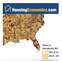 Image of HousingEconomics.com website map of U.S. homes with 55+ age by county.