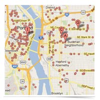 Map showing coffee houses in Portland, OR.