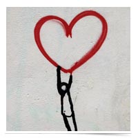 Painting of a stick figure holding onto a heart.